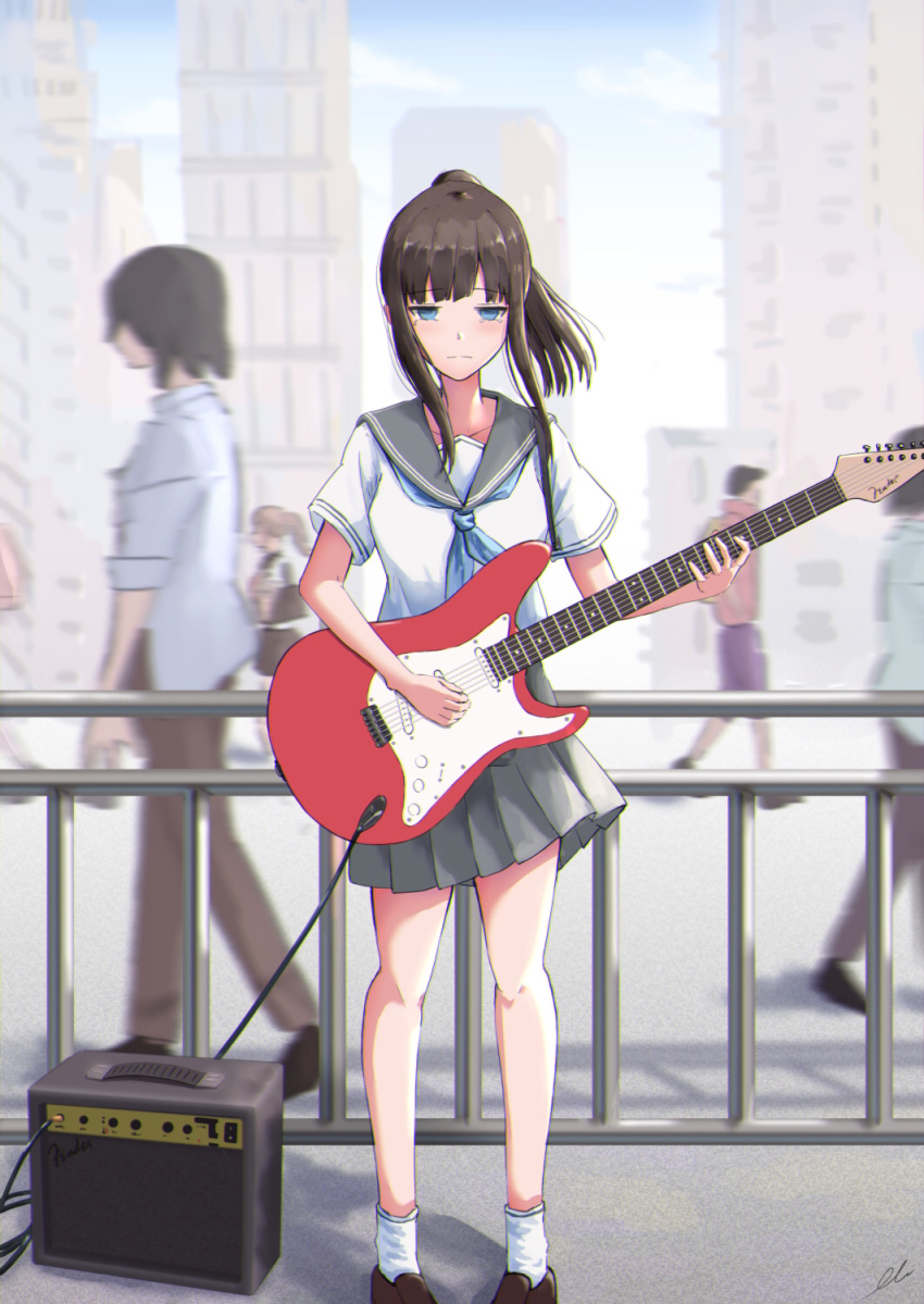 2girls 3boys amplifier bangs black_hair blue_eyes blue_neckerchief brown_footwear building check_commentary city closed_mouth commentary commentary_request day electric_guitar fender_stratocaster grey_sailor_collar grey_skirt guitar high_ponytail highres holding holding_instrument instrument loafers looking_down motion_blur multiple_boys multiple_girls neckerchief nyanko960121 original outdoors pleated_skirt railing road sad sailor_collar school_uniform serafuku shoes short_sleeves sidelocks signature skirt socks standing straight-on street tearing_up walking white_socks