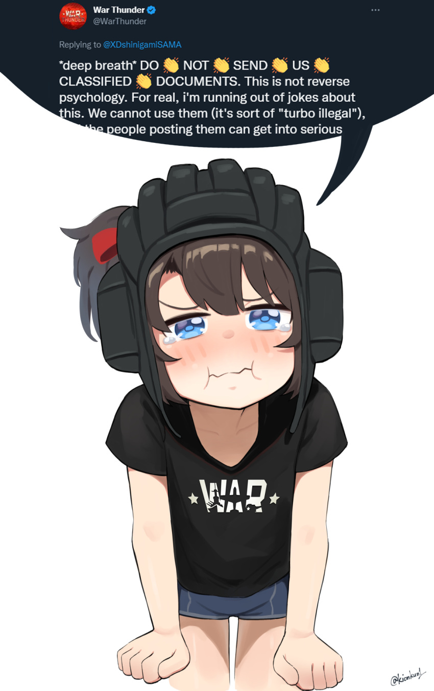 1girl :i black_shirt blue_eyes brown_hair closed_mouth collarbone denim denim_shorts english_text helmet highres kion-kun leaning_forward looking_at_viewer original personification shirt short_hair short_shorts shorts simple_background solo speech_bubble t-shirt tearing_up twitter twitter_username war_thunder wavy_mouth white_background