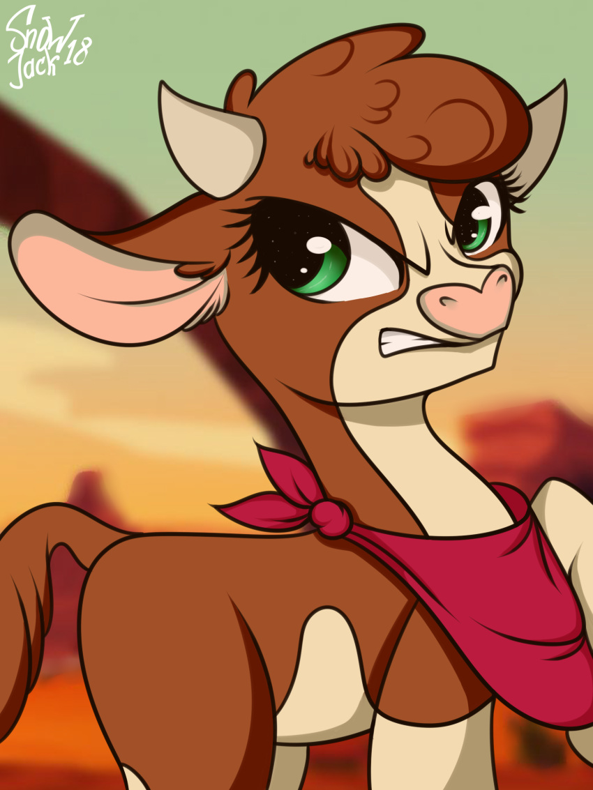 2018 2_horns angry arizona_cow_(tfh) bandanna bovid bovid_horn bovine brown_body brown_fur brown_hair cattle clenched_teeth digital_drawing_(artwork) digital_media_(artwork) eyelashes female feral frown fur green_eyes hair half-length_portrait hereford_cattle hi_res horn kerchief looking_at_viewer mammal multicolored_body multicolored_fur neckerchief pink_inner_ear pink_nose portrait quadruped red_bandanna red_kerchief red_neckerchief shadowreindeer signature solo tail tan_body tan_fur teeth them's_fightin'_herds tuft two_tone_body two_tone_face two_tone_fur