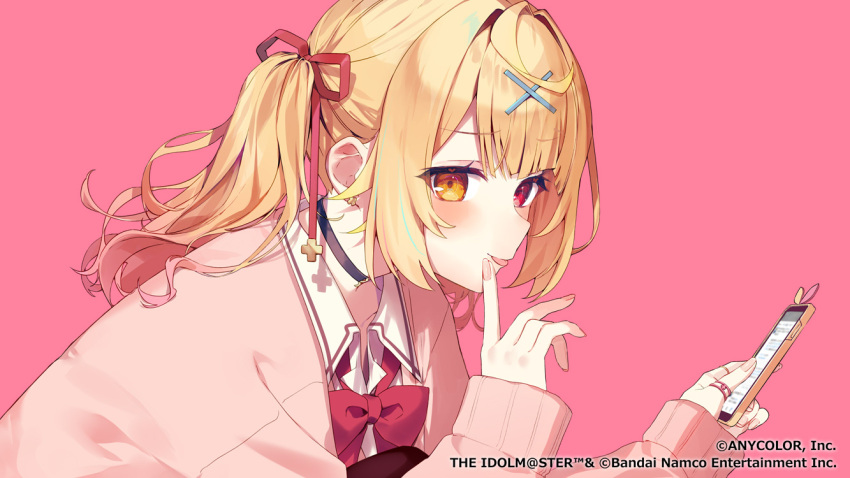 1girl :p ahoge bangs blonde_hair blush bow bowtie cellphone choker copyright_name ear_piercing finger_to_mouth gradient_hair hair_ornament hair_ribbon hairclip heterochromia holding holding_phone hoshikawa_sara jewelry long_sleeves looking_at_viewer multicolored_hair nail_polish nijisanji official_art phone piercing pink_background red_bow red_bowtie red_eyes ribbon ring school_uniform smartphone tongue tongue_out twintails virtual_youtuber yellow_eyes yumesaki_nana