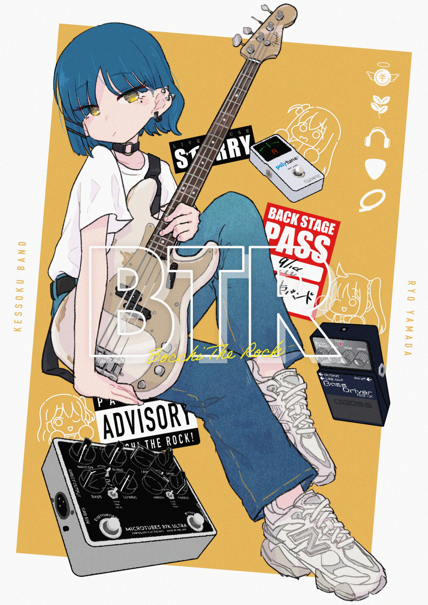 1girl absurdres bangs bass_guitar black_choker blue_hair bocchi_the_rock! character_name choker closed_mouth commentary_request copyright_name denim ear_piercing earrings fender fender_precision_bass full_body gotou_hitori hair_ornament hairclip headphones headphones_removed highres holding holding_instrument ijichi_nijika instrument invisible_chair jeans jewelry kita_ikuyo looking_at_viewer mole mole_under_eye multiple_piercings o-ring o-ring_choker pants piercing plectrum shirt shoes short_hair short_sleeves simple_background sitting sneakers solo two-tone_background white_background white_footwear white_shirt yamada_ryou yellow_background yellow_eyes yuuho