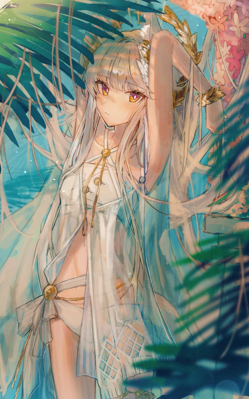 1girl absurdres animal_ears arknights arms_up bikini breasts cowboy_shot criss-cross_halter halterneck highres horse_ears horse_girl krau_rr looking_at_viewer navel palm_leaf platinum_(arknights) small_breasts solo stomach swimsuit water white_bikini white_hair yellow_eyes