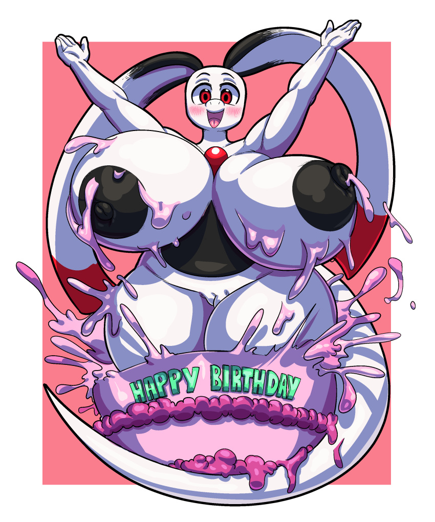 absurd_res anthro big_breasts breasts cake dessert dragon female food frill_(anatomy) frosting genitals hi_res huge_breasts humanoid nipples pop_out_cake puffy_nipples pussy solo tagme tail toto_draw verdia_(ninstarrune)
