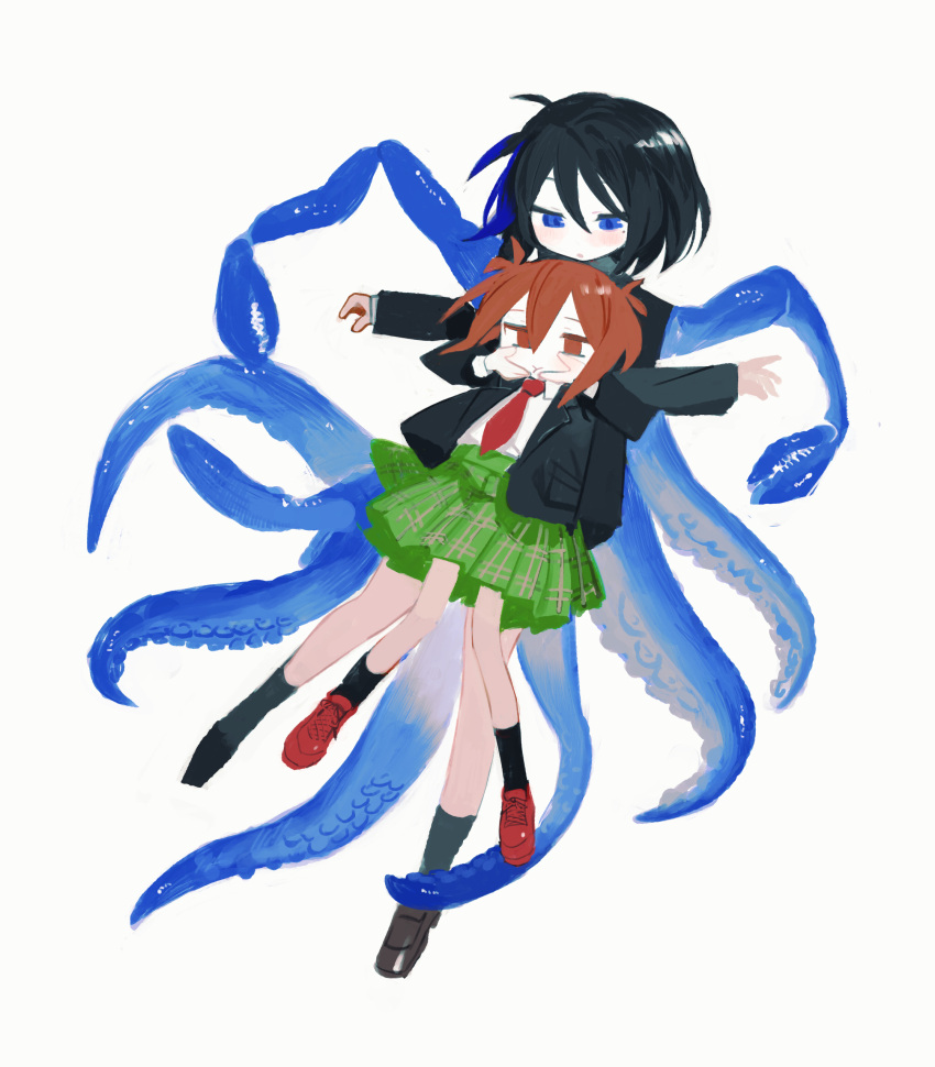 2girls absurdres bangs black_hair black_jacket black_socks blazer blue_eyes blush brown_eyes brown_hair character_request cheek_squash crab_claw empty_eyes floating green_skirt hair_between_eyes hands_on_another's_cheeks hands_on_another's_face height_difference highres hug hug_from_behind jacket jitome kokaki_mumose kuroshio_current loafers long_sleeves looking_at_another looking_down mole mole_under_eye monster_girl multiple_girls nagi_akasa necktie open_clothes open_jacket outstretched_arms plaid plaid_skirt pleated_skirt red_footwear red_necktie school_uniform shirt shirt_tucked_in shoes short_hair simple_background skirt socks spread_arms tentacles white_background white_shirt