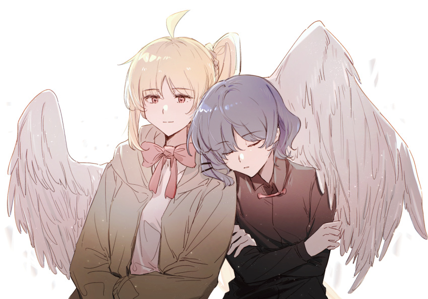 2girls ahoge angel_wings black_shirt blonde_hair blue_hair bocchi_the_rock! braid canis428 closed_eyes collared_shirt dress_shirt expressionless feathered_wings hair_ornament hairclip hand_on_own_arm head_on_another's_shoulder highres hood hoodie ijichi_nijika mole mole_under_eye multiple_girls open_clothes open_hoodie shirt short_hair side_ponytail sidelocks sleeping sleeping_on_person wavy_hair white_shirt wing_grab wings yamada_ryou yuri
