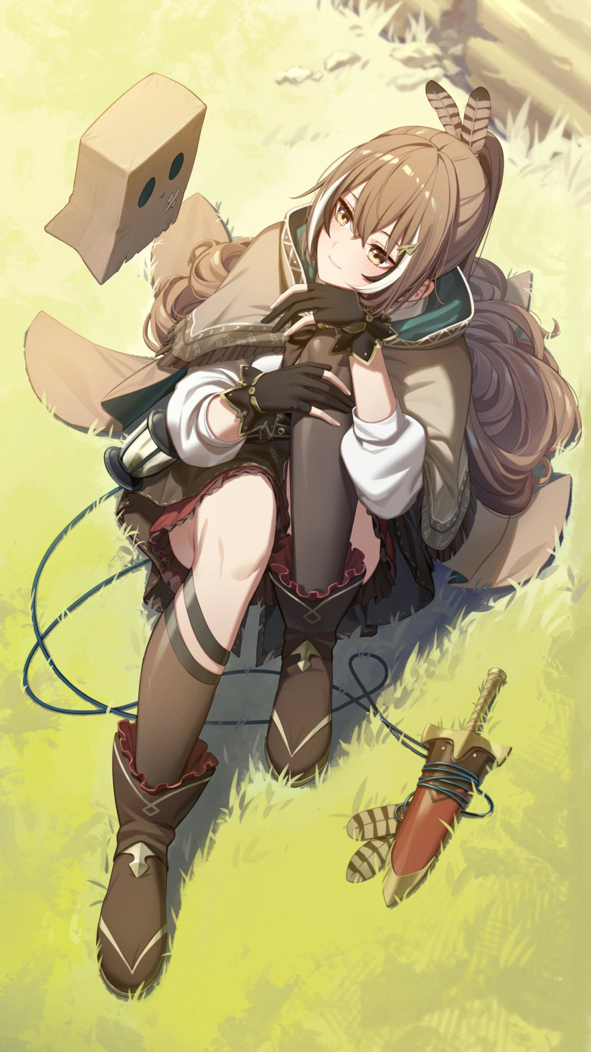 1girl absurdres ahoge ankle_boots asymmetrical_legwear bangs belt boots brown_capelet brown_cloak brown_corset brown_eyes brown_hair cape capelet cloak corset dagger erezu feather_hair_ornament feathers friend_(nanashi_mumei) from_above gloves grass hair_ornament hairclip highres hololive hololive_english knee_strap kneehighs knees_to_chest knife lantern long_hair multicolored_hair nanashi_mumei on_grass partially_fingerless_gloves pleated_skirt ponytail red_skirt ribbon shirt single_kneehigh single_sock single_thighhigh sitting skirt socks streaked_hair thigh_strap thighhighs very_long_hair virtual_youtuber weapon white_shirt