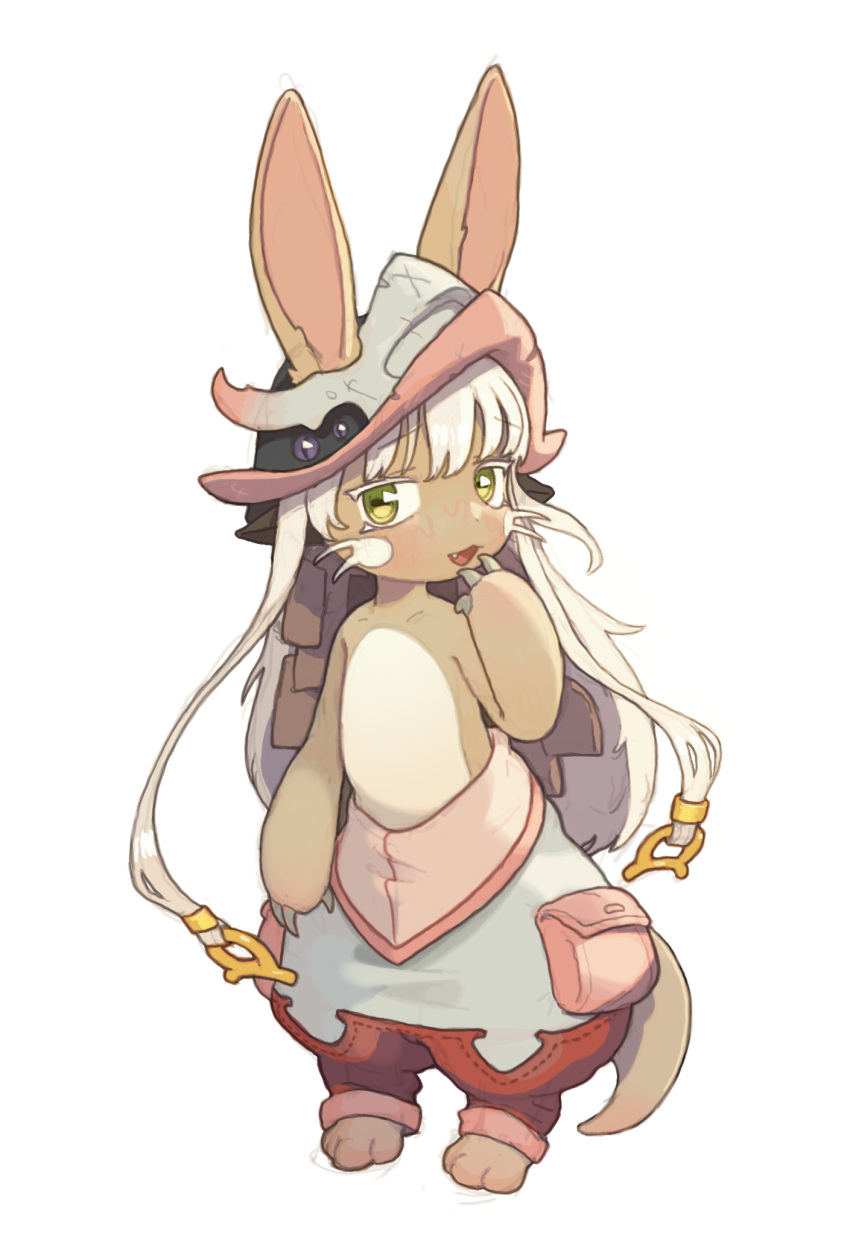 1other :3 animal_ears blush brown_fur commentary english_commentary fang full_body furry green_eyes grey_hair grey_pants hand_to_own_mouth hand_up heart helmet highres horizontal_pupils looking_at_viewer made_in_abyss multicolored_pants nanachi_(made_in_abyss) open_mouth opossumachine other_focus pants pink_pants red_pants short_hair_with_long_locks simple_background solo standing tail topless whiskers white_background