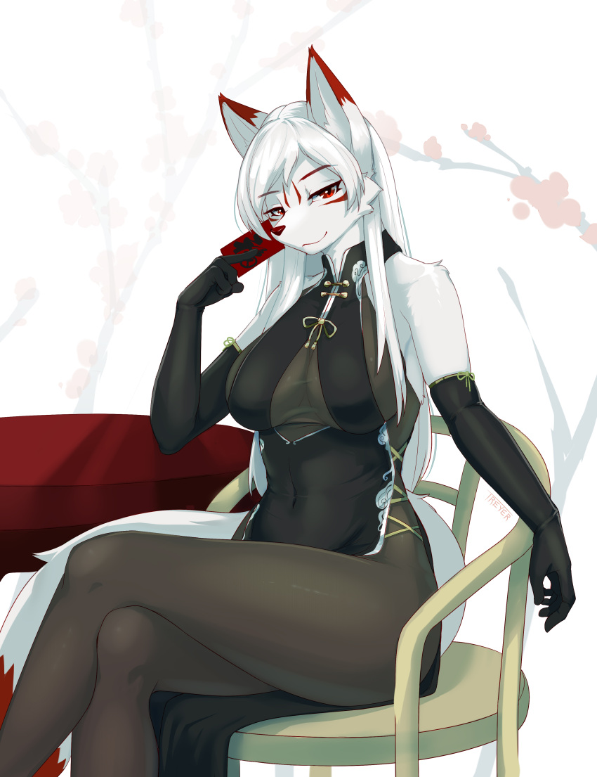 absurd_res anthro breasts canid canine canis clothed clothing female fox fur hair hi_res looking_at_viewer mammal smile solo treyer white_body white_fur