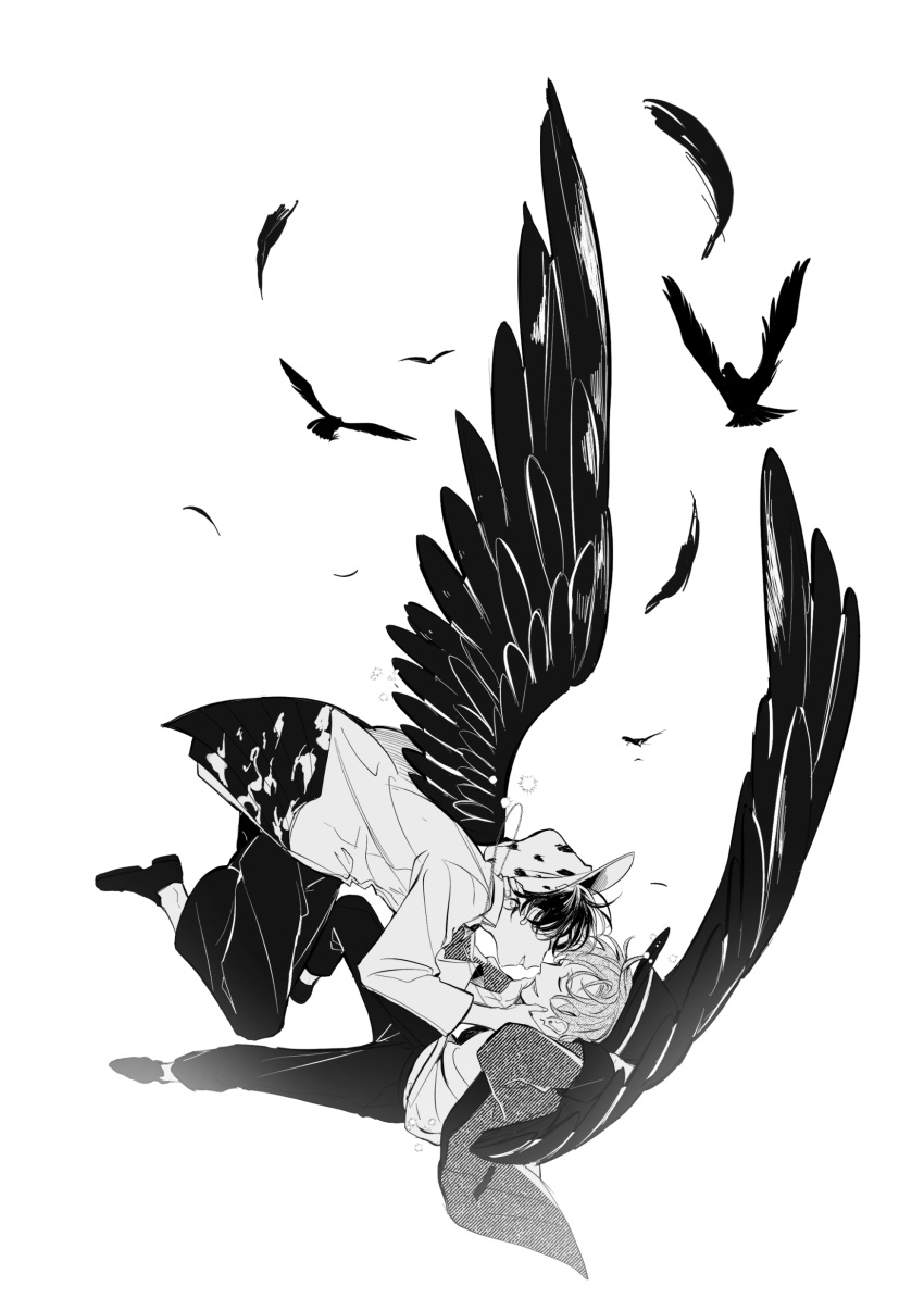 2boys absurdres aoyagi_touya bell-bottoms bird bird_wings closed_mouth coat dress_shoes falling fedora full_body greyscale hands_on_another's_face hat highres jacket long_sleeves male_focus monochrome multicolored_hair multiple_boys np8_8 open_mouth pants pocket project_sekai shared_wings shinonome_akito shirt shoes smile split-color_hair wings yaoi