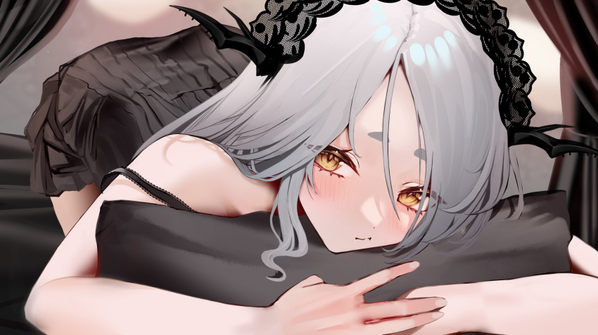 1girl all_fours bare_shoulders black_camisole black_horns blush camisole closed_mouth commentary_request commission grey_hair hair_between_eyes hairband highres horns indie_virtual_youtuber indoors looking_at_viewer lulu_petit object_hug off_shoulder oreazu pillow pillow_hug skeb_commission solo thick_eyebrows virtual_youtuber yellow_eyes