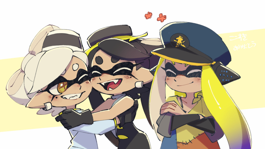 3girls :d ^_^ agent_3_(splatoon) bare_shoulders black_dress black_gloves black_hair blonde_hair blue_headwear bow-shaped_hair callie_(splatoon) closed_eyes closed_mouth collarbone cross-shaped_pupils crossed_arms dress earrings fangs food food_on_head gloves gradient_hair grin hat headgear inkling inkling_girl jewelry long_hair looking_at_another marie_(splatoon) mole mole_under_eye multicolored_hair multiple_girls neck_ring object_on_head one_eye_closed open_mouth patchwork_clothes peaked_cap pointy_ears poncho purple_hair short_eyebrows short_hair smile splatoon_(series) splatoon_3 strapless strapless_dress symbol-shaped_pupils two-tone_hair ukata very_long_hair white_hair yellow_eyes
