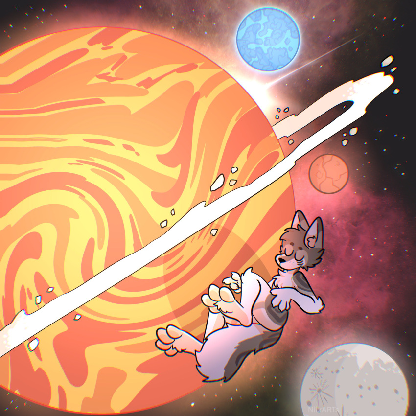 4_toes absurd_res anthro canid canine canis cheek_tuft chest_tuft cosmic_background eyes_closed facial_tuft feet floating fur grey_body grey_fur hi_res inner_ear_fluff male mammal moon planet solo space space_background the_xing1 toes tuft white_body white_fur wolf