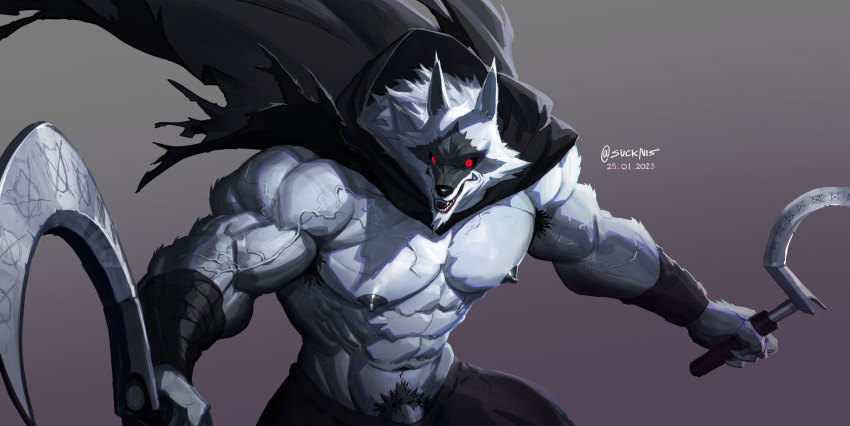 2023 5_fingers abs absurd_res anthro arm_wraps biceps black_cloak black_clothing black_nipples black_nose black_sclera body_hair bottomwear canid canine canis chest_hair cloak cloth clothed clothing death_(puss_in_boots) deltoids digital_media_(artwork) dreamworks dual_wielding fangs fingers fluffy fur genitals glistening glistening_body grey_background grey_body grey_fur grin hairy_body hi_res holding_object holding_weapon hood hooded_cloak humanoid_genitalia humanoid_penis looking_at_viewer male mammal multicolored_body multicolored_fur muscular muscular_anthro muscular_male nipples pants pecs penis pubes puss_in_boots_(film) puss_in_boots_the_last_wish red_eyes serratus sharp_teeth sickle signature simple_background smile solo sparkles suck-nis tail teeth topless triceps two_tone_body two_tone_fur vein veiny_muscles weapon wolf wraps