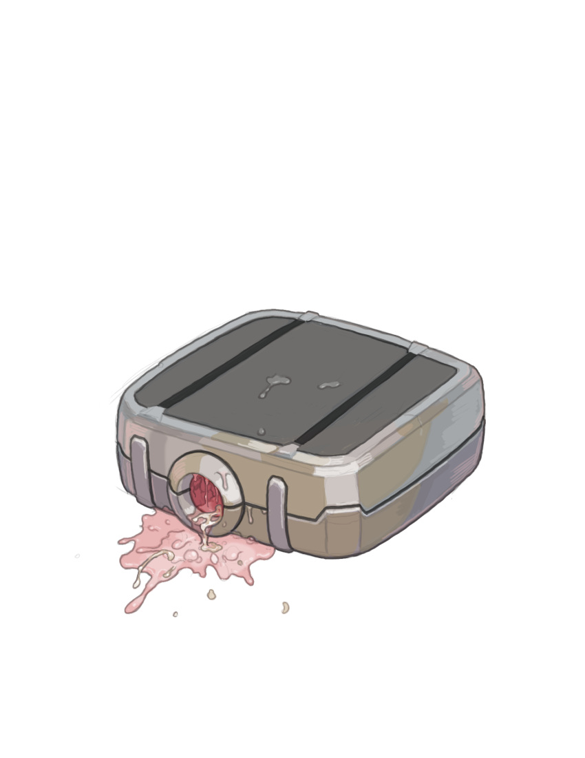 briefcase commentary cum dripping english_commentary highres liquid made_in_abyss no_humans opossumachine prushka puddle simple_background spoilers still_life unconventional_artificial_vagina white_background