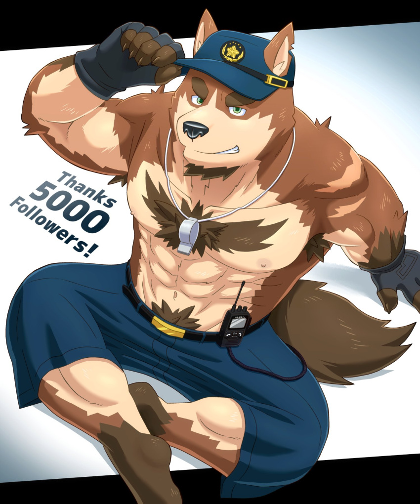 5_fingers anthro beard biceps body_hair brown_body brown_fur canid canine canis chest_hair clothing domestic_dog facial_hair fingerless_gloves fingers fur gloves green_eyes handwear hat headgear headwear hi_res kajimaru_0507 male mammal muscular muscular_anthro muscular_male nipples nugg police polidog_patrol simple_background solo whistle_(object)