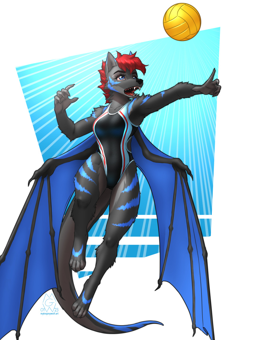 2023 3:4 4_toes 5_fingers absurd_res anthro ball bat clothing digital_media_(artwork) feet female fingers hi_res large_wings mammal mykegreywolf one-piece_swimsuit solo swimwear teeth toes volleyball_(ball) wings