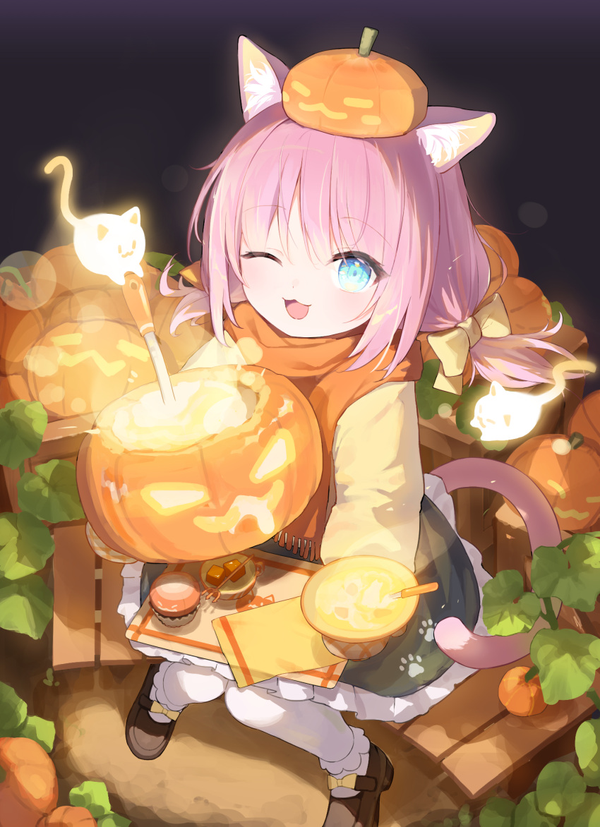 1girl akinohijira animal_ear_fluff animal_ears bangs blue_eyes blush bow cat cat_ears cat_girl cat_tail dress food hair_bow halloween highres holding holding_food holding_pumpkin holding_vegetable jack-o'-lantern looking_at_viewer one_eye_closed open_mouth orange_scarf original pantyhose pink_tail pumpkin pumpkin_on_head scarf sidelocks sitting solo tail vegetable white_pantyhose