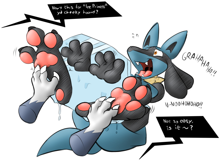 3_toes anthro black_body black_fur blue_body blue_fur claws denise_hyena dialogue dripping feet foot_focus fur generation_4_pokemon haikuoezu hi_res ice ice_block laugh legs_up looking_at_another looking_offscreen lucario lying male nintendo on_back open_mouth open_smile orange_eyes pawpads paws pink_pawpads pokemon pokemon_(species) pupils purple_body purple_fur reaching_towards_another restrained restrained_arms restrained_feet restraints small_pupils smile solo speech_bubble spread_toes squirming teasing teeth_showing text tickle_torture tickling tickling_feet toes tongue water water_drop weavile white_body white_fur