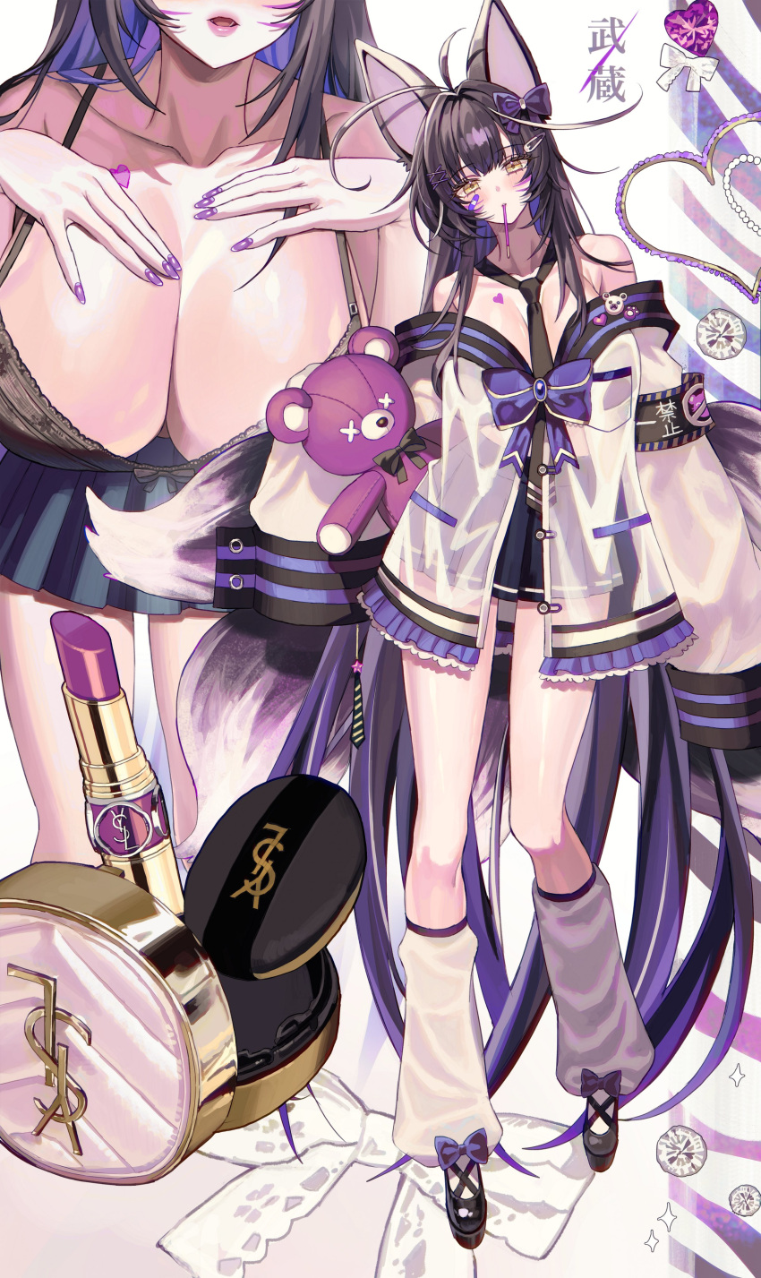 1girl absurdres animal_ear_fluff animal_ears armband azur_lane bare_shoulders black_hair bra breasts brown_eyes cleavage collarbone cosmetics doll facial_mark food fox_ears fox_girl fox_tail full_body hand_on_own_chest highres holding holding_doll jacket kitsune kyuubi large_breasts lipstick long_hair low_neckline makeup mell_(dmwe3537) miniskirt multiple_tails musashi_(azur_lane) nail_polish necktie off_shoulder pleated_skirt pocky product_placement purple_hair see-through see-through_jacket skirt standing stuffed_toy tail underwear very_long_hair whisker_markings