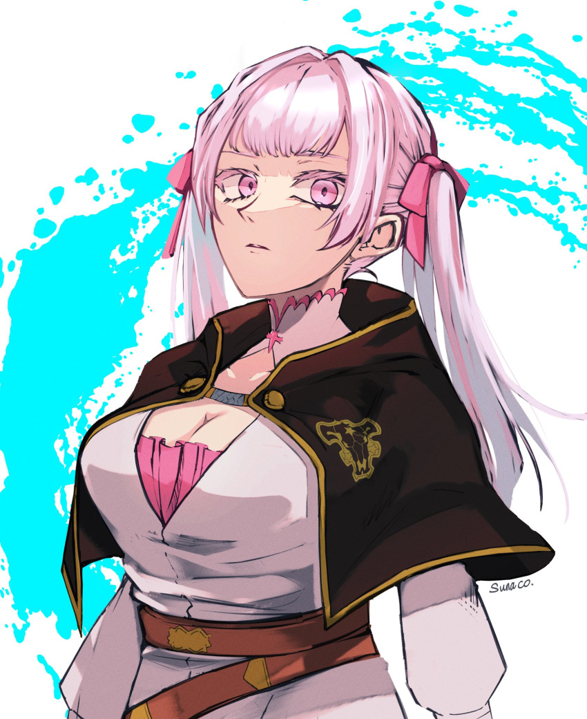 1girl artist_name belt black_bull_(emblem) black_capelet black_clover capelet cleavage_cutout clothing_cutout dress grey_hair hair_ribbon highres jacket long_hair looking_at_viewer noelle_silva parted_lips pink_dress pink_eyes pink_ribbon ribbon solo sumuna_sunaco twintails white_background white_jacket