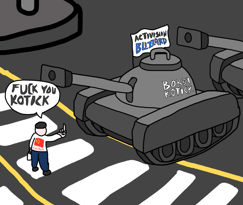 activision_blizzard bobby_kotick ground_vehicle highres mature_languages military military_vehicle motor_vehicle non-web_source parody people's_republic_of_china_flag tank tank_man