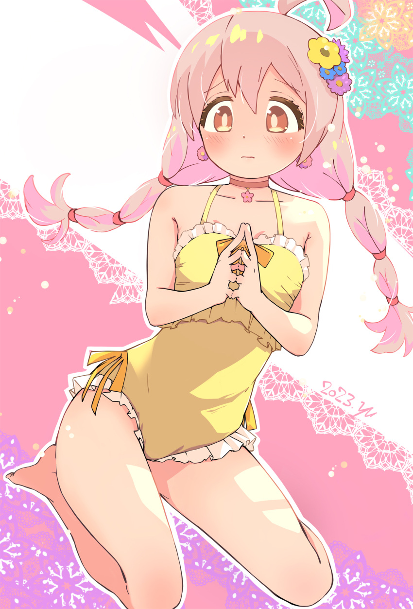 1girl ahoge bare_arms bare_legs bare_shoulders barefoot blush choker closed_mouth commentary_request earrings facing_viewer flower frills hair_flower hair_ornament highres jewelry long_hair one-piece_swimsuit onii-chan_wa_oshimai! orange_choker orange_eyes oyama_mahiro pink_hair sitting solo steepled_fingers swimsuit twintails wariza yellow_one-piece_swimsuit yuu_(kfc)