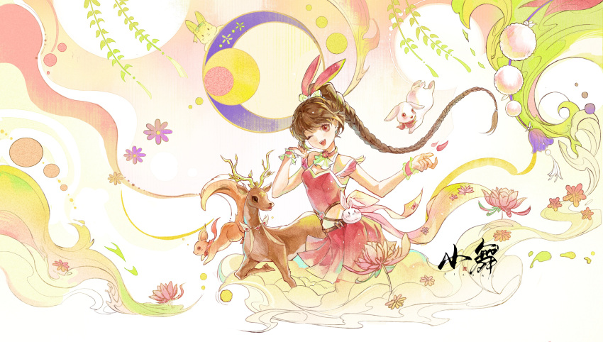 1girl absurdres animal_ears artist_request bow braid braided_ponytail collar deer douluo_dalu dress flower frilled_wristband hair_bow head_tilt highres long_hair open_mouth pink_dress pouch rabbit_ears red_scarf scarf second-party_source side_cutout smoke solo squirrel teeth upper_body xiao_wu_(douluo_dalu)