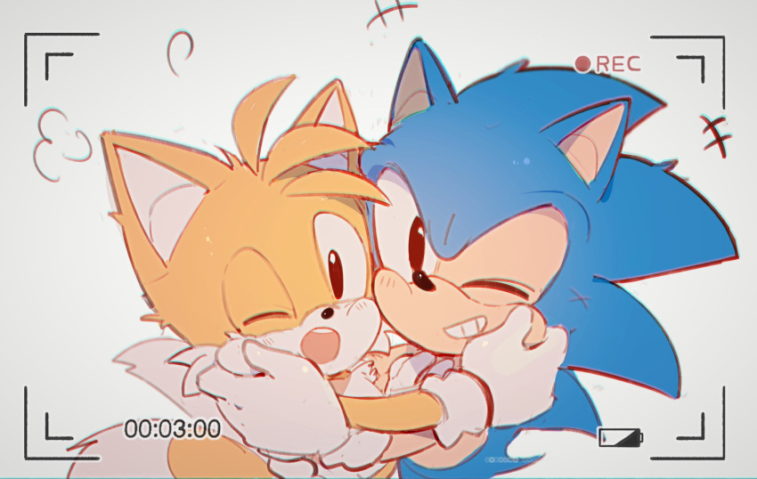 2boys animal_ears blue_fur blush brown_eyes c52278 chinese_commentary closed_mouth commentary_request fox_boy fox_ears fox_tail furry furry_male gloves grey_background hands_up hedgehog hedgehog_ears hedgehog_tail highres hug looking_at_viewer male_focus multiple_boys multiple_tails one_eye_closed open_mouth simple_background smile sonic_(series) sonic_the_hedgehog standing tail tails_(sonic) teeth tongue two_tails viewfinder white_gloves yellow_fur