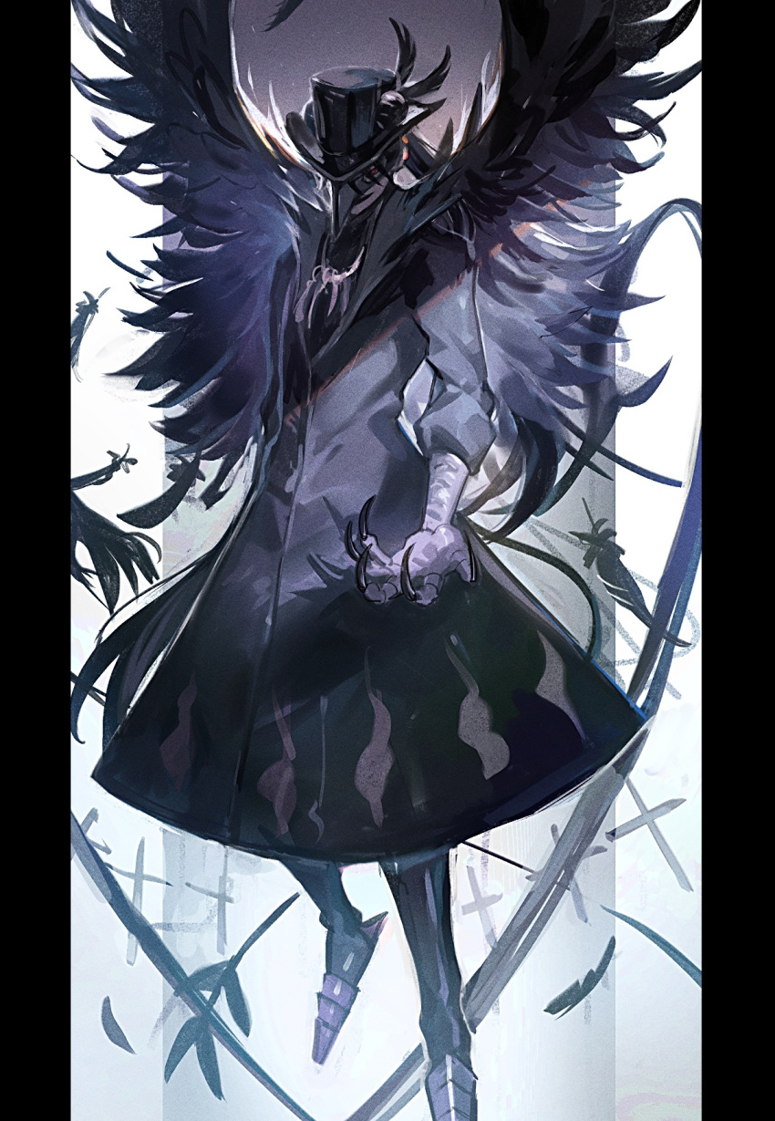 1boy black_clover black_feathers black_hair black_headwear black_robe black_wings feathered_wings feathers hat high_ponytail highres jewelry looking_at_viewer male_focus nacht_faust necklace plague_doctor_mask red_eyes robe smile solo talons top_hat tsugutoku wings