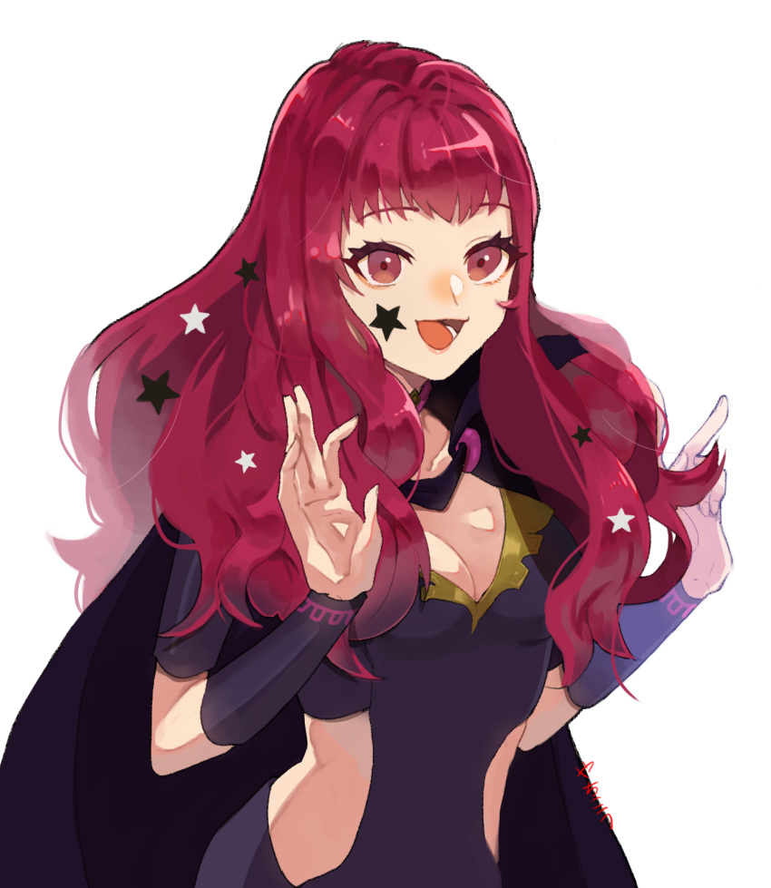 1girl bangs black_bodysuit black_cape bodysuit breasts cape cleavage clothing_cutout collarbone commentary fire_emblem fire_emblem_engage hair_ornament highres long_hair medium_breasts open_mouth red_eyes red_hair simple_background smile solo star_(symbol) star_hair_ornament white_background yachimata_1205 yunaka_(fire_emblem)