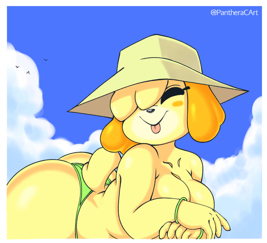 animal_crossing anthro big_breasts big_butt bikini bikini_bottom blush breasts butt canid canine canis clothed clothing cloud domestic_dog female hat headgear headwear hi_res isabelle_(animal_crossing) lying mammal nintendo on_front panthera_cantus sky smile solo swimwear tongue tongue_out topless