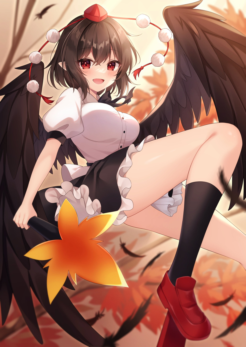 1girl :d absurdres bangs black_hair black_wings blurry blurry_background blush breasts depth_of_field feathered_wings feathers geta hat hauchiwa highres large_breasts looking_at_viewer medium_hair miy@ pointy_ears pom_pom_(clothes) shameimaru_aya smile solo tengu-geta tokin_hat touhou wings