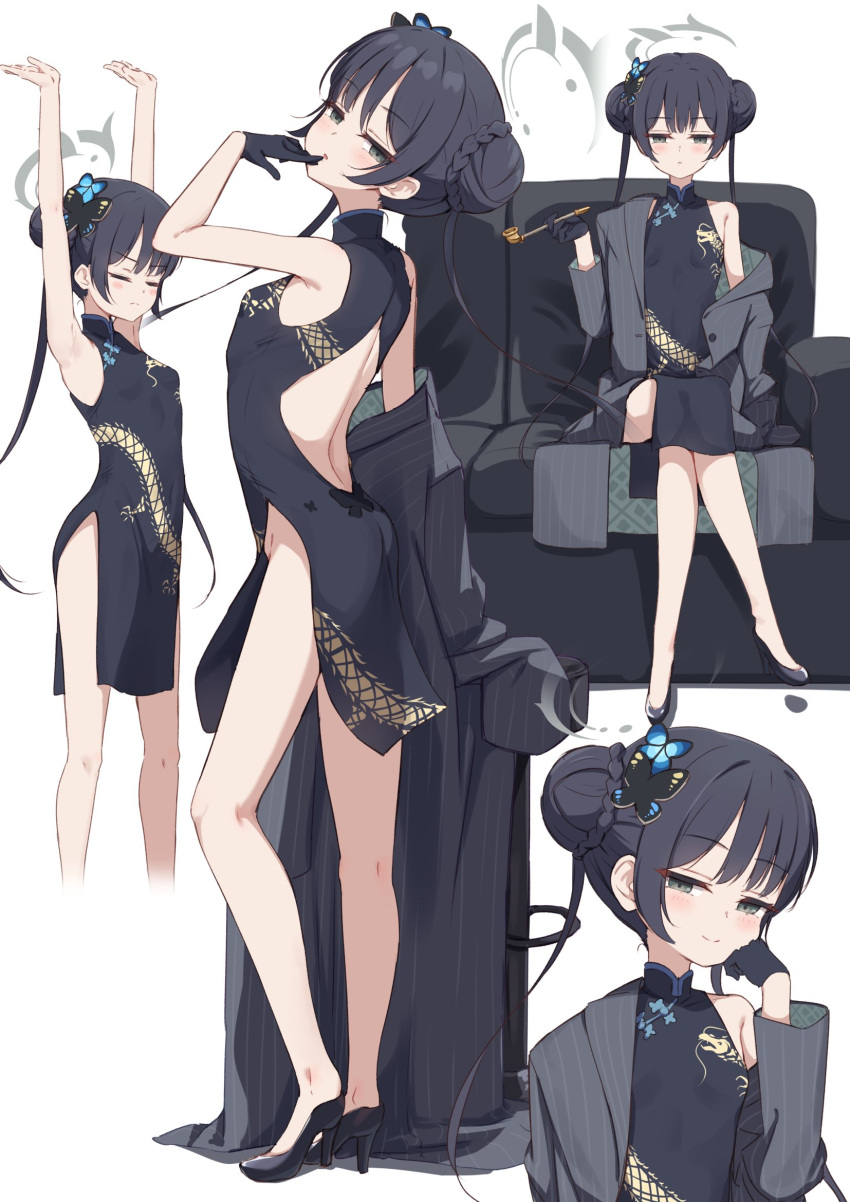 1girl armpits arms_up black_dress black_footwear black_hair blue_archive butterfly_hair_ornament china_dress chinese_clothes closed_eyes closed_mouth double_bun dragon_print dress grey_eyes grey_jacket hair_bun hair_ornament halo highres jacket kisaki_(blue_archive) legs long_hair looking_at_viewer miso_(misomiso_154) multiple_views print_dress shoes simple_background sitting smile standing striped striped_jacket thighs twintails vertical-striped_jacket vertical_stripes white_background