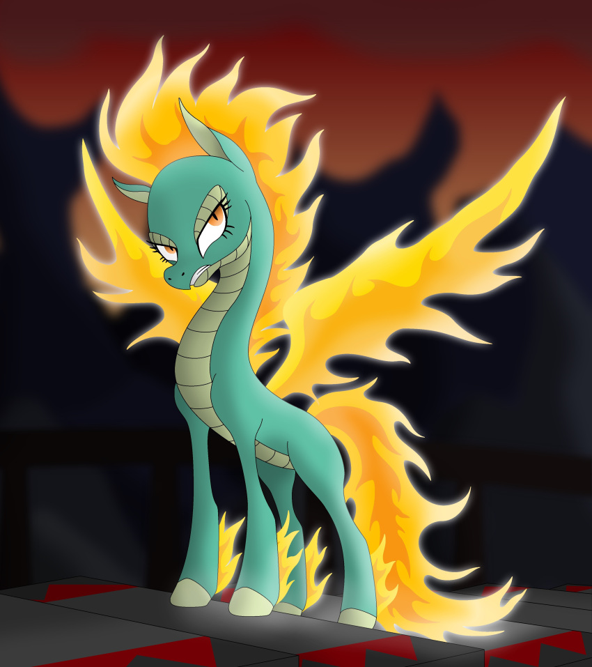 2018 absurd_res angry asian_mythology chinese_mythology clenched_teeth digital_drawing_(artwork) digital_media_(artwork) dragon east_asian_mythology female feral fire flaming_hair flaming_mane flaming_tail flaming_wings full-length_portrait green_body green_hooves green_scales hi_res hooves hybrid longma mythology omnisimon11 orange_eyes portrait pseudo_hair pseudo_mane pupils quadruped raised_hoof scales slit_pupils solo standing steps teeth them's_fightin'_herds tianhuo_(tfh) wings
