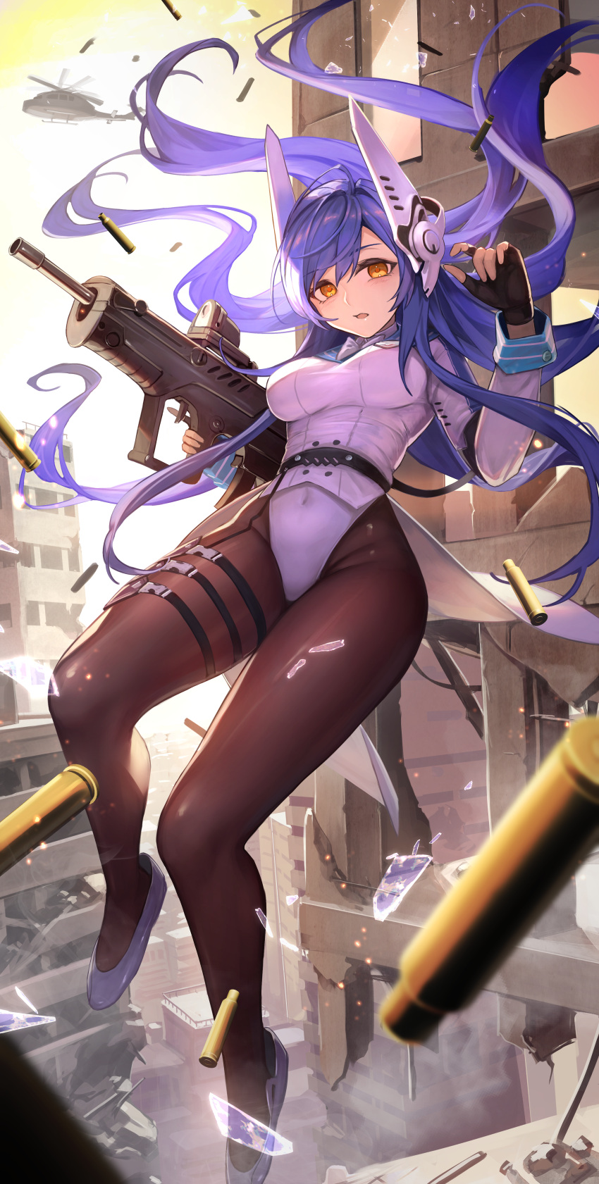 1girl absurdres aircraft assault_rifle black_gloves black_pantyhose blue_hair breasts building bullpup commission cropped_jacket fingerless_gloves girls'_frontline gloves gun hakusyokuto helicopter highres holding holding_gun holding_weapon iwi_tavor leotard long_hair long_sleeves medium_breasts pantyhose rifle robot_ears ruins scope shell_casing shoes skeb_commission solo tar-21_(girls'_frontline) thigh_strap weapon white_footwear white_leotard yellow_eyes