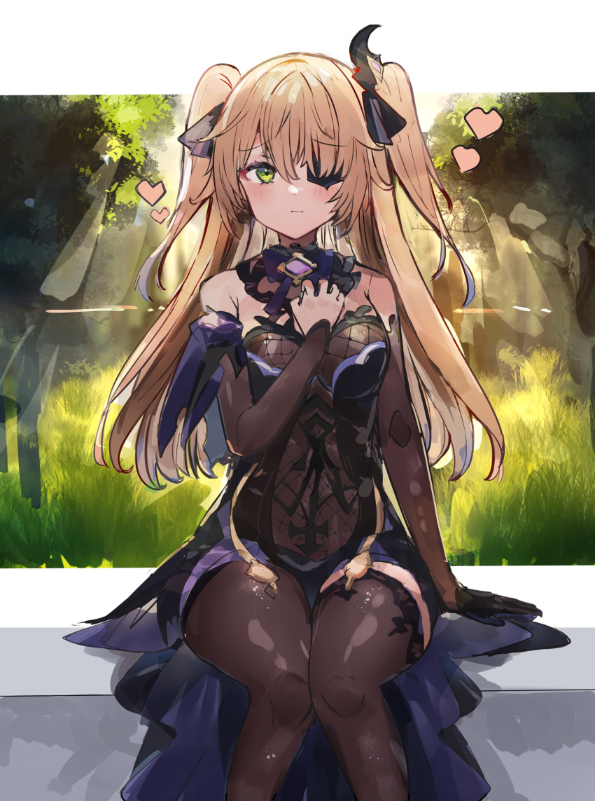 1girl absurdres bangs bare_shoulders bat_ornament bench black_footwear black_ribbon blonde_hair blush bodystocking bodystocking_under_clothes bodysuit bow bowtie breasts brown_sleeves chuunibyou collar commentary_request dress eyepatch fischl_(genshin_impact) fishnet_bodysuit fishnet_top fishnets forest garter_straps genshin_impact gloves green_eyes hair_over_one_eye hair_ribbon hand_on_own_chest heart highres leotard light_rays long_hair looking_at_viewer medium_breasts nature open_mouth purple_bow purple_bowtie purple_ribbon ribbon single_leg_pantyhose single_sleeve single_thighhigh sitting sitting_on_bench smile solo sunlight tailcoat the_olphy thighhighs tree two_side_up