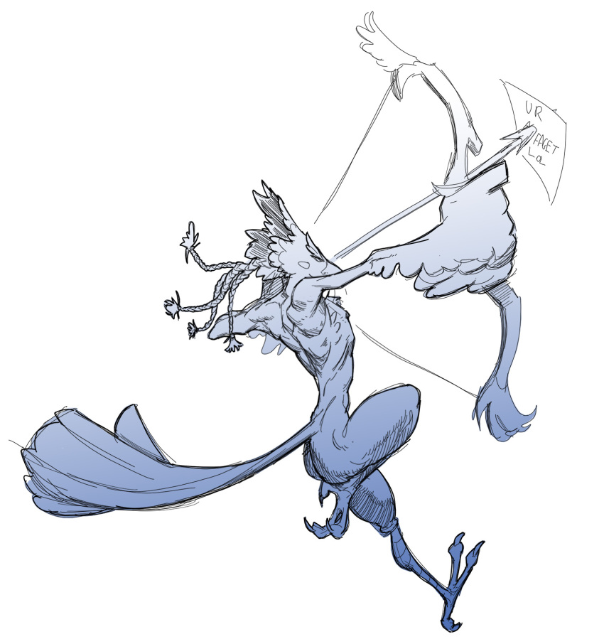 4_toes anthro arrow_(weapon) avian beak blue_body bow_(weapon) breath_of_the_wild butt claws english_text feathers feet hi_res male nintendo nude profanity raised_leg ranged_weapon restricted_palette revali rito scuotivento simple_background sketch solo tail_feathers text the_legend_of_zelda toe_claws toes weapon white_background winged_arms wings