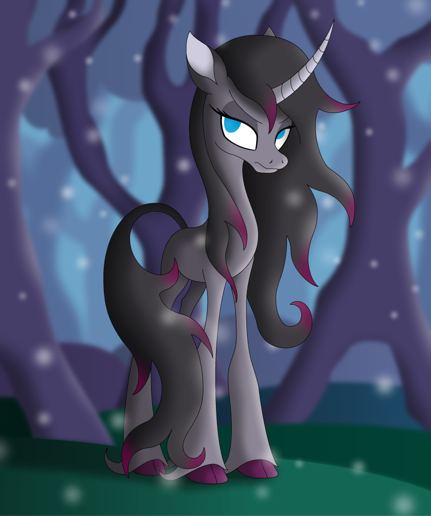 2018 absurd_res black_hair black_tail blue_eyes cloven_hooves digital_drawing_(artwork) digital_media_(artwork) equid equine female feral fetlocks forest forest_background frown full-length_portrait fur grey_body grey_fur hair hi_res hooves horn looking_at_viewer mammal messy_hair nature nature_background no_pupils oleander_(tfh) omnisimon11 plant portrait purple_hooves scenery snow snowing solo tail them's_fightin'_herds tree unicorn