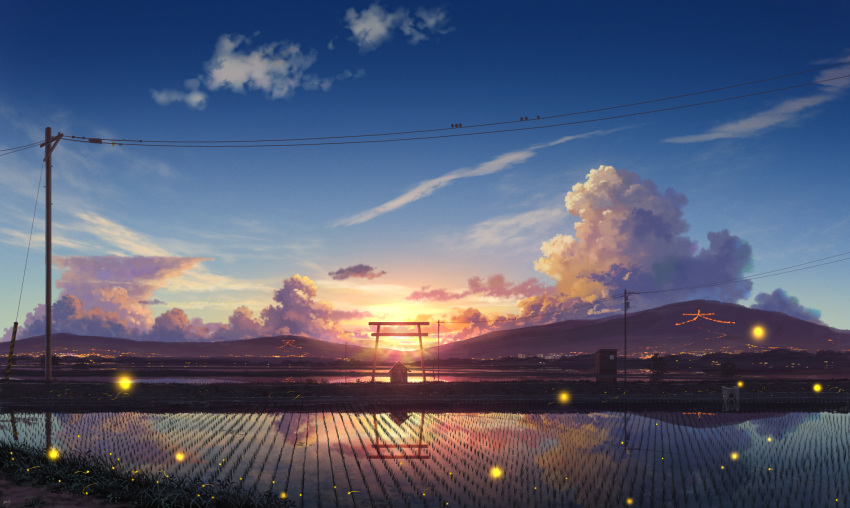 absurdres bird city_lights cloud commentary_request field fireflies gradient_sky grass highres hill industrial_pipe mountain no_humans original outdoors pei_(sumurai) power_lines reflection reflective_water rice_paddy scenery shack shrine signature sky sun sunset torii tree twilight utility_pole water