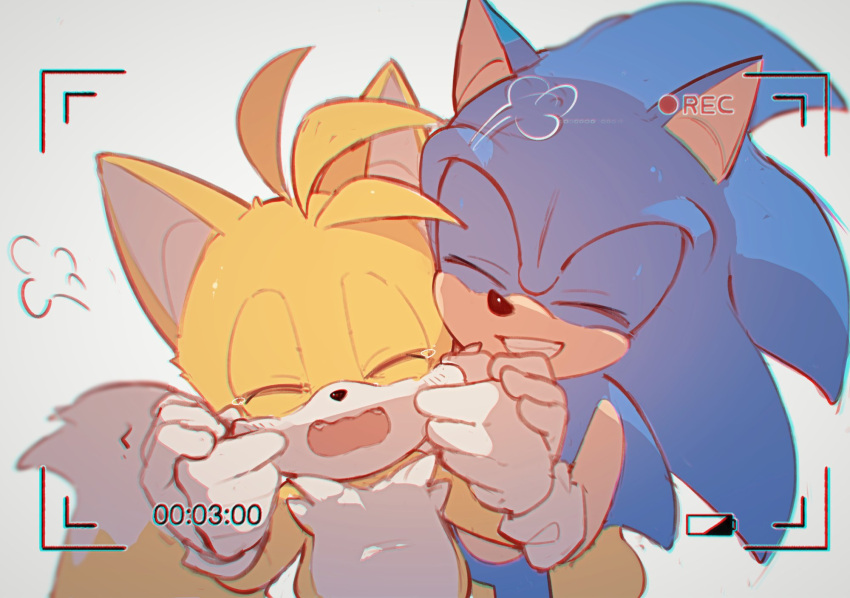 2boys animal_ears animal_nose blue_fur blush c52278 chinese_commentary closed_eyes closed_mouth commentary_request fang fangs fox_boy fox_ears fox_tail furry furry_male gloves grey_background hands_on_another's_cheeks hands_on_another's_face hands_up hedgehog hedgehog_ears highres holding holding_hands male_focus multiple_boys multiple_tails open_mouth simple_background smile sonic_(series) sonic_the_hedgehog standing tail tails_(sonic) tears tongue two_tails viewfinder white_gloves yellow_fur
