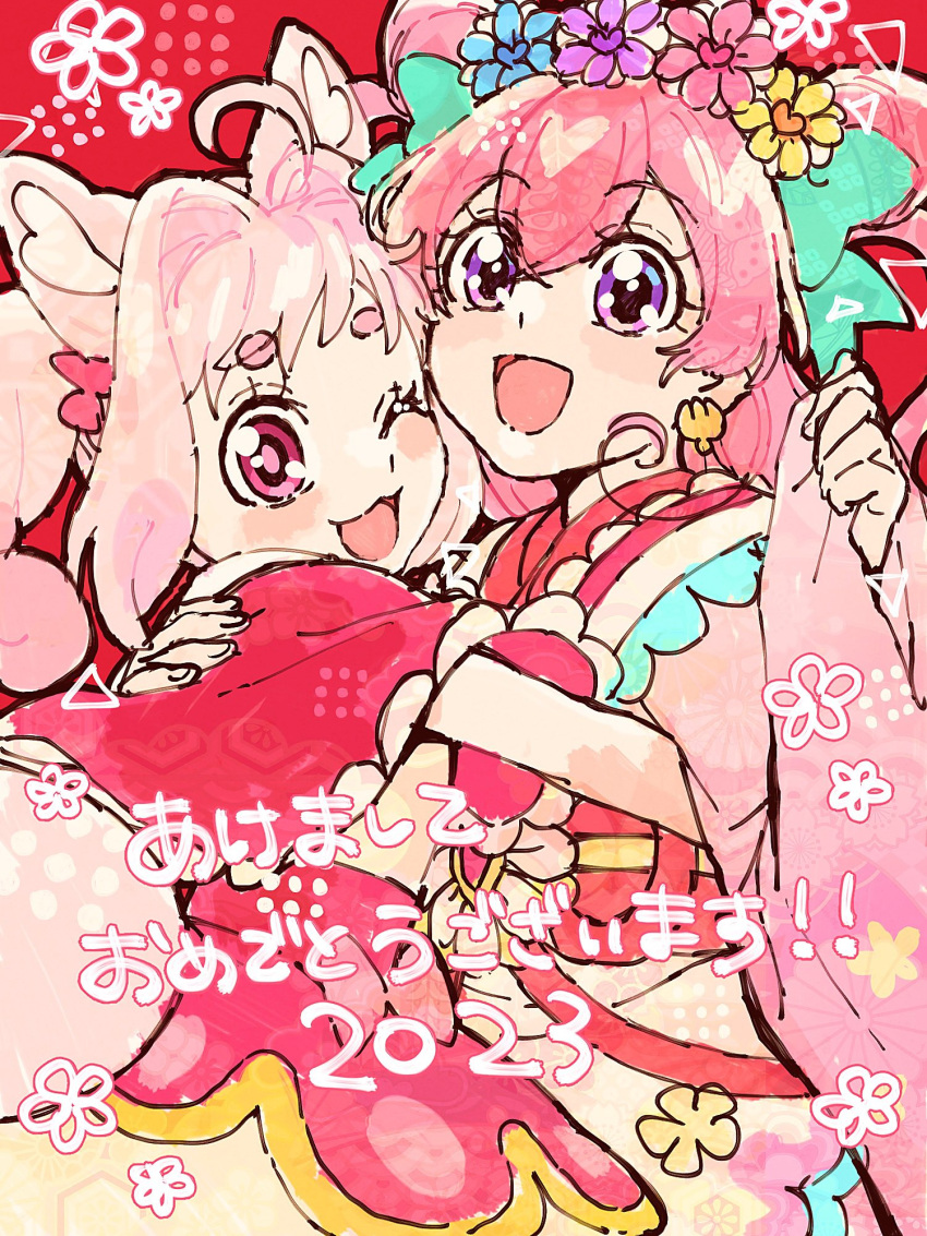 2023 2girls :3 :d ;d akeome animal_ears bangs blue_bow bow capelet commentary_request cure_precious cure_precious_(party_up_style) delicious_party_precure double_bun dress earrings flower fox_ears fox_girl fox_tail hair_bow hair_bun hair_flower hair_ornament happy_new_year head_wreath highres hug japanese_clothes jewelry kimono kome-kome_(precure) long_hair long_sleeves looking_at_viewer magical_girl multiple_girls nagomi_yui nengajou new_year one_eye_closed open_mouth pink_eyes pink_hair pink_kimono precure purple_eyes red_capelet red_dress short_dress smile standing tail traditional_media twintails two_side_up wide_sleeves yufu_kyouko