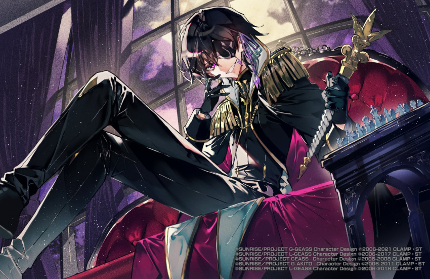 1boy black_footwear black_gloves black_hair black_jacket black_pants black_shirt board_game chaise_longue chess chess_piece chessboard cloud code_geass code_geass:_genesic_re;code copyright crossed_legs curtains epaulettes eyepatch feet_out_of_frame gloves grin hair_between_eyes holding holding_scepter indoors jacket julius_kingsley looking_at_viewer male_focus mura_karuki official_art open_clothes open_jacket pants purple_eyes purple_ribbon ribbon scepter shirt short_hair sitting sleeve_cuffs smile solo table tailcoat window