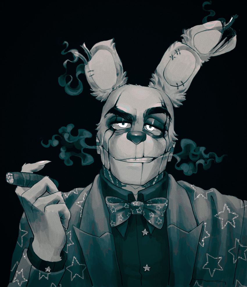 2022 animatronic anthro black_background bow_tie cigarette clothing eyebrows five_nights_at_freddy's five_nights_at_freddy's_3 glowing glowing_eyes half-closed_eyes hi_res holding_object lagomorph leporid looking_at_viewer machine male mammal monochrome narrowed_eyes notched_ear p0nyplanet rabbit raised_eyebrow robot scar scottgames simple_background smoking solo springtrap_(fnaf) star star_clothing suit
