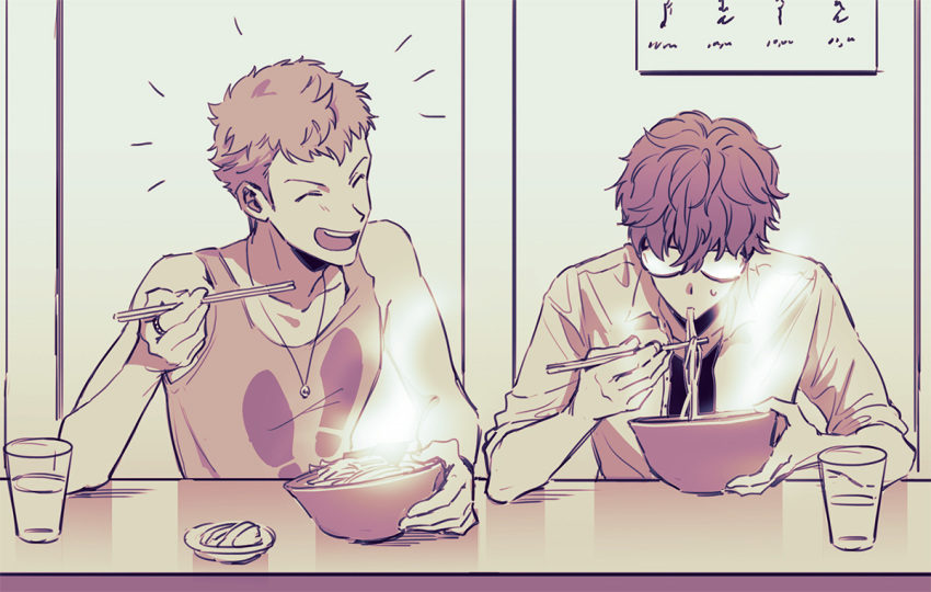 2boys amamiya_ren bangs black_hair blonde_hair closed_eyes cup drinking_glass eating fogged_glasses food glasses multiple_boys noodles persona persona_5 ramen sakamoto_ryuuji short_hair simple_background smile sophie_(693432) tank_top