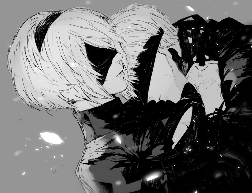 1boy 1girl absurdres bangs blindfold gloves greyscale hairband highres hug monochrome nier_(series) nier_automata nishiii26miii short_hair simple_background white_hair yorha_no._2_type_b yorha_no._9_type_s