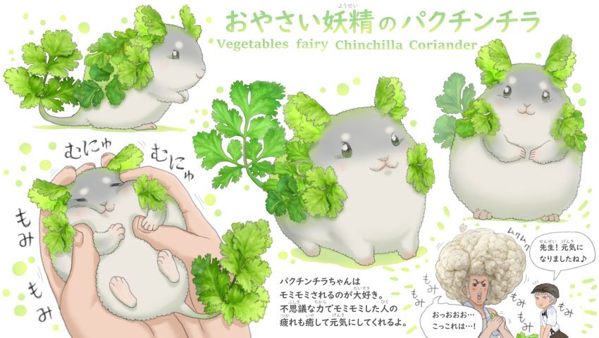 2boys afro animal beret cheek_squash chinchilla_(animal) closed_eyes commentary_request coriander creature green_eyes grey_hair hat herb highres holding holding_animal mouse multiple_boys mushroom open_mouth original oyasai_yousei_to_manabu_yasai_no_chishiki_zukan ponkichi_(ponkichim) shirt short_sleeves suspenders translation_request white_hair white_shirt