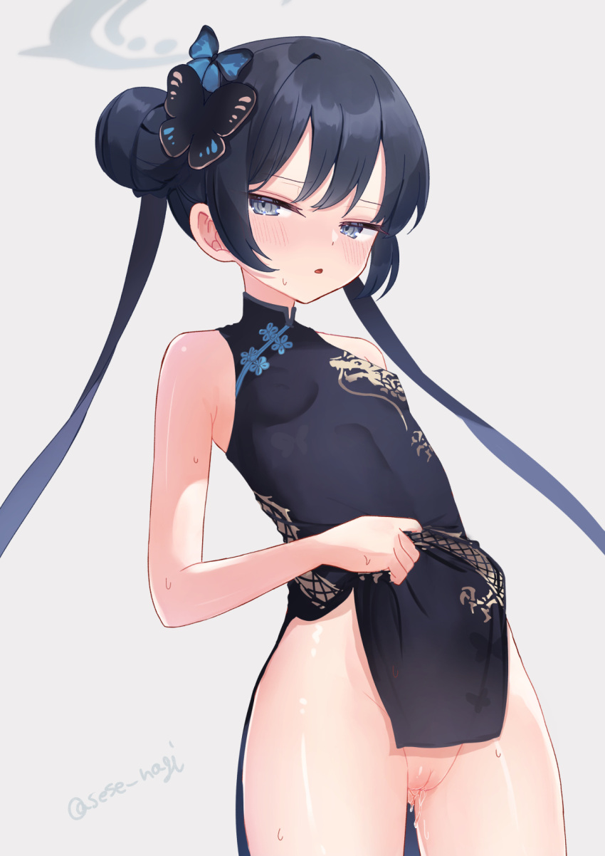 1girl black_dress black_hair blue_archive breasts butterfly_hair_ornament china_dress chinese_clothes clothes_lift double_bun dress dress_lift grey_eyes hair_bun hair_ornament halo highres kisaki_(blue_archive) long_hair pussy pussy_juice sese_nagi signature small_breasts sweat twintails twitter_username