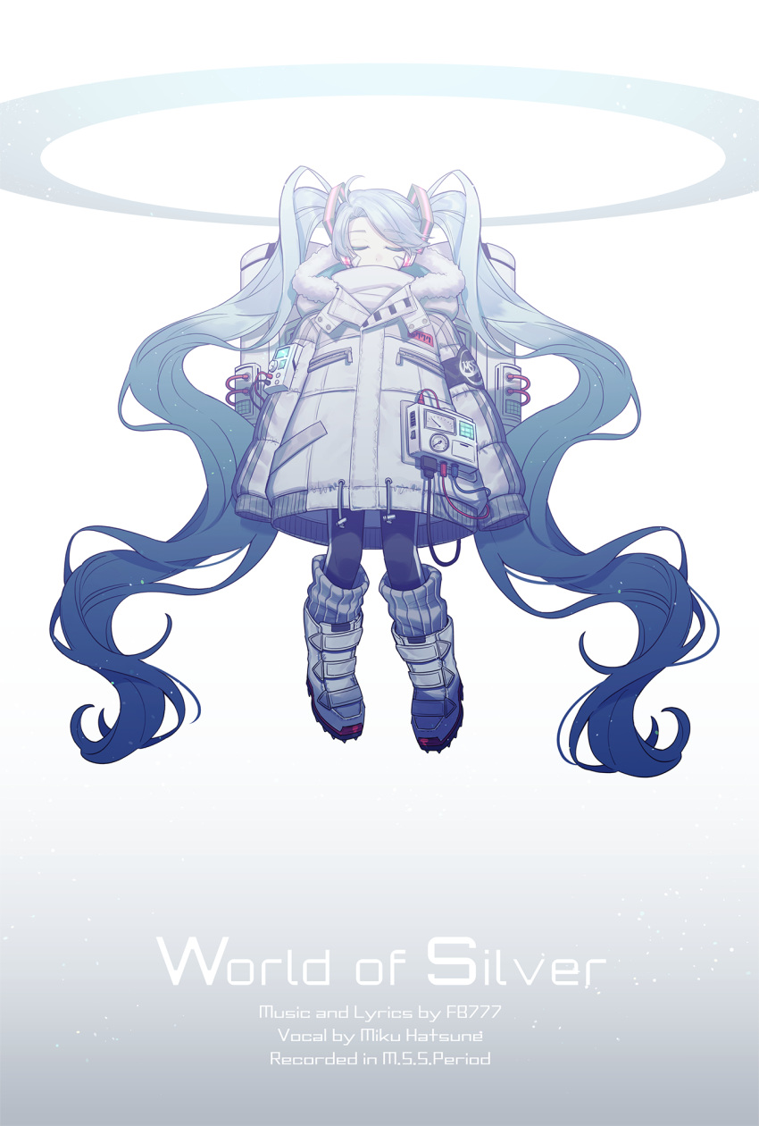 1girl black_pantyhose blue_hair boots cable closed_eyes dial english_text hatsune_miku highres kiritani846 long_hair long_sleeves m.s.s_project oversized_clothes pantyhose socks solo twintails very_long_hair vocaloid white_background