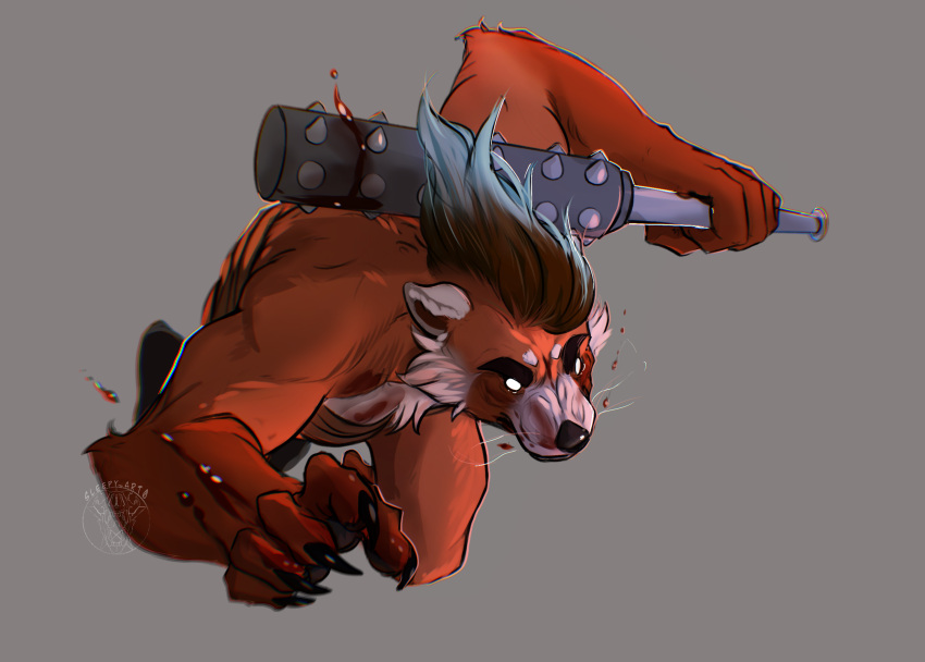 action_pose ailurid angry angry_eyes anthro barbarian blood bodily_fluids clothing female fight fighting_pose gore hi_res kaguya_(umpherio) leather leather_clothing leather_topwear mammal muscular pose red_panda sleepy_art0 solo tetsubo topwear weapon