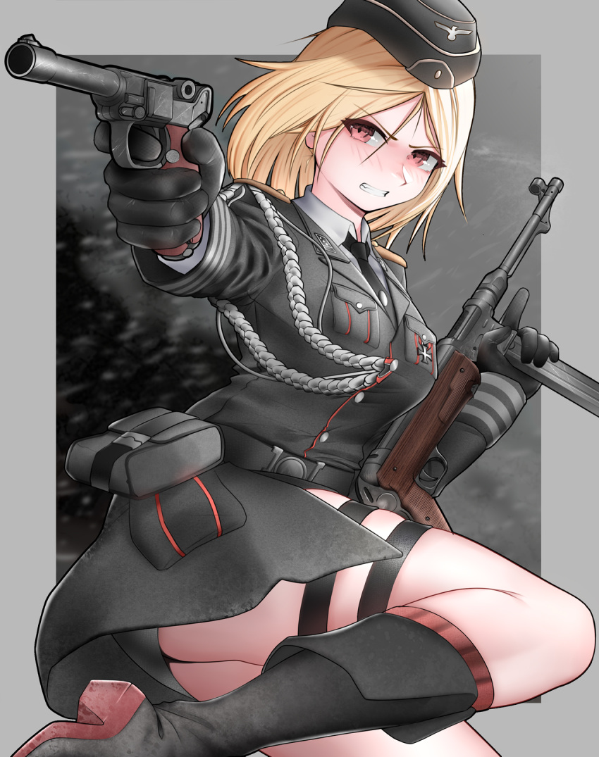 1girl ankle_boots belt_pouch black_gloves black_necktie blush boots border breast_pocket breasts clenched_teeth collared_shirt garrison_cap germany girls'_frontline gloves gradient_background gun handgun hat high_heel_boots high_heels highres looking_at_viewer luger_p08 medium_breasts medium_hair military military_uniform mp40 mp40_(girls'_frontline) necktie neptune_zx outside_border pocket pouch shirt sitting solo submachine_gun teeth thigh_strap thighs uniform weapon white_border white_shirt yokozuwari